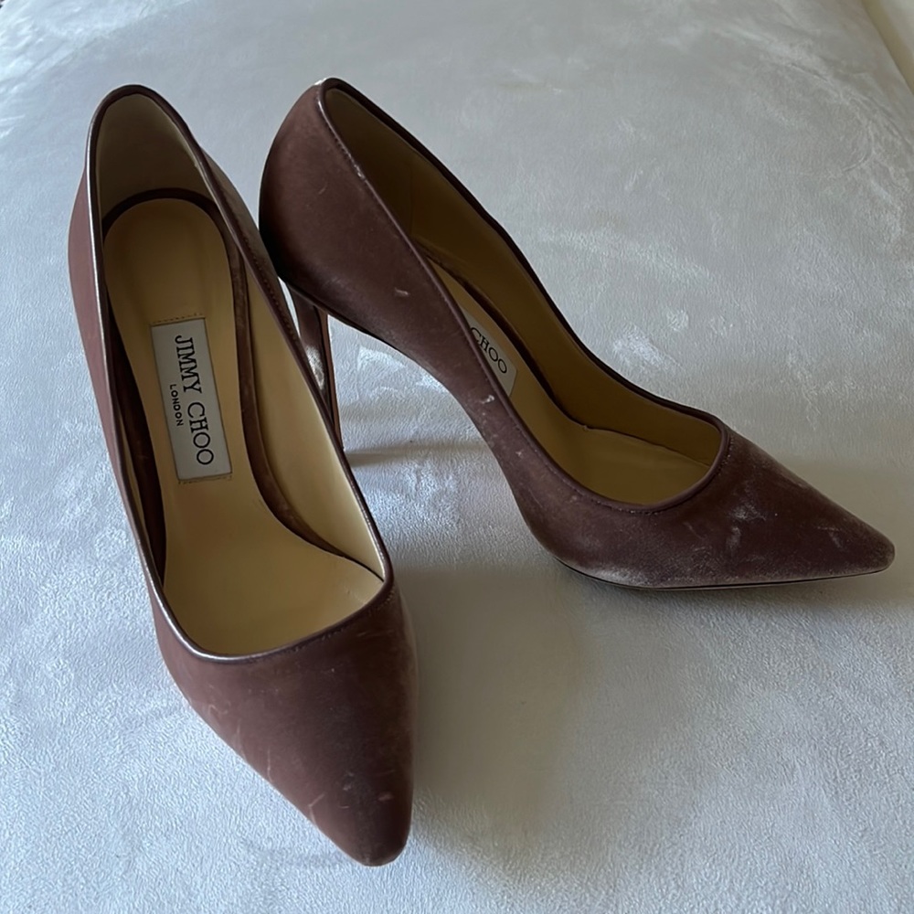 Jimmy Choo, sexy, dusty, pink velvet, stiletto heels, size 7.5